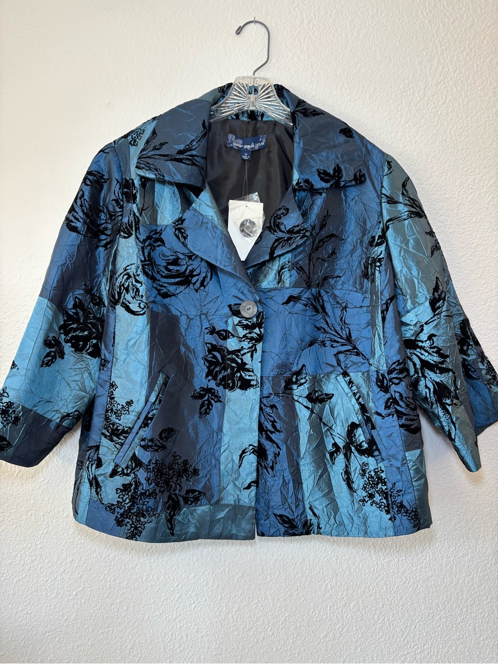 Susan Graver Floral Blue Taffeta Textured Velvet Jacket 1X Career Office Travel